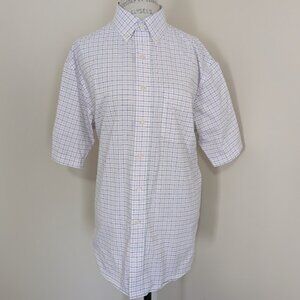 Jos. A. Bank Traveler men's size L pink blue plaid short sleeve button up shirt